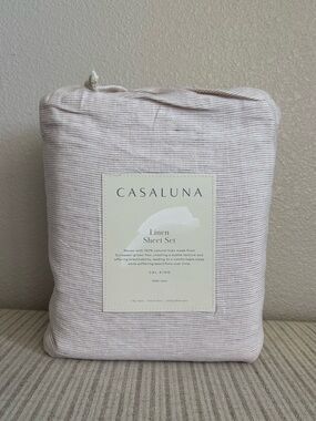 NWT California King 100% Linen Sheet Set Adobe Clay Micro Stripe - Casaluna